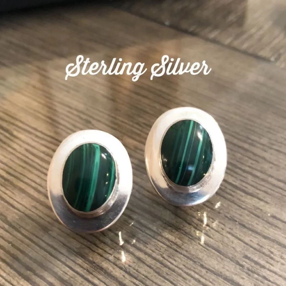 Vintage Oval Sterling Silver Malachite Post Earrings